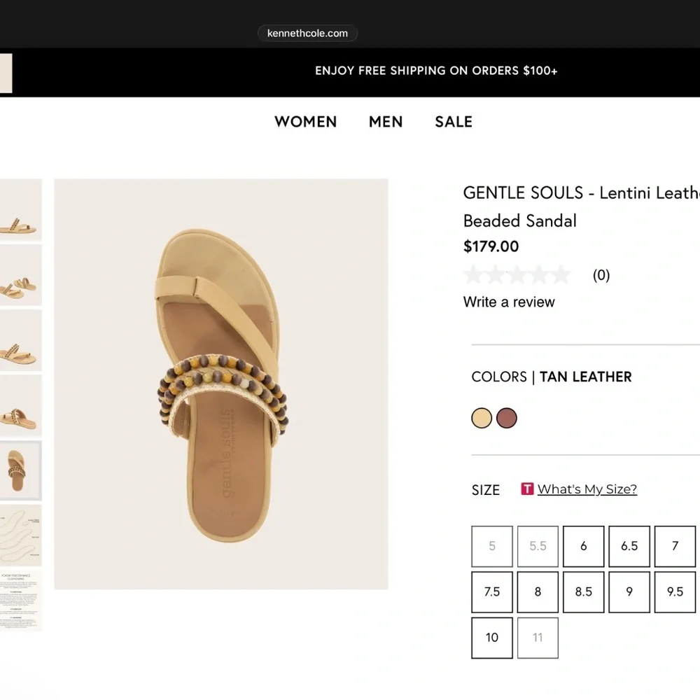 Gentle Souls Lentini Beaded Toe Loop Sandal Tan Leather SZ 9